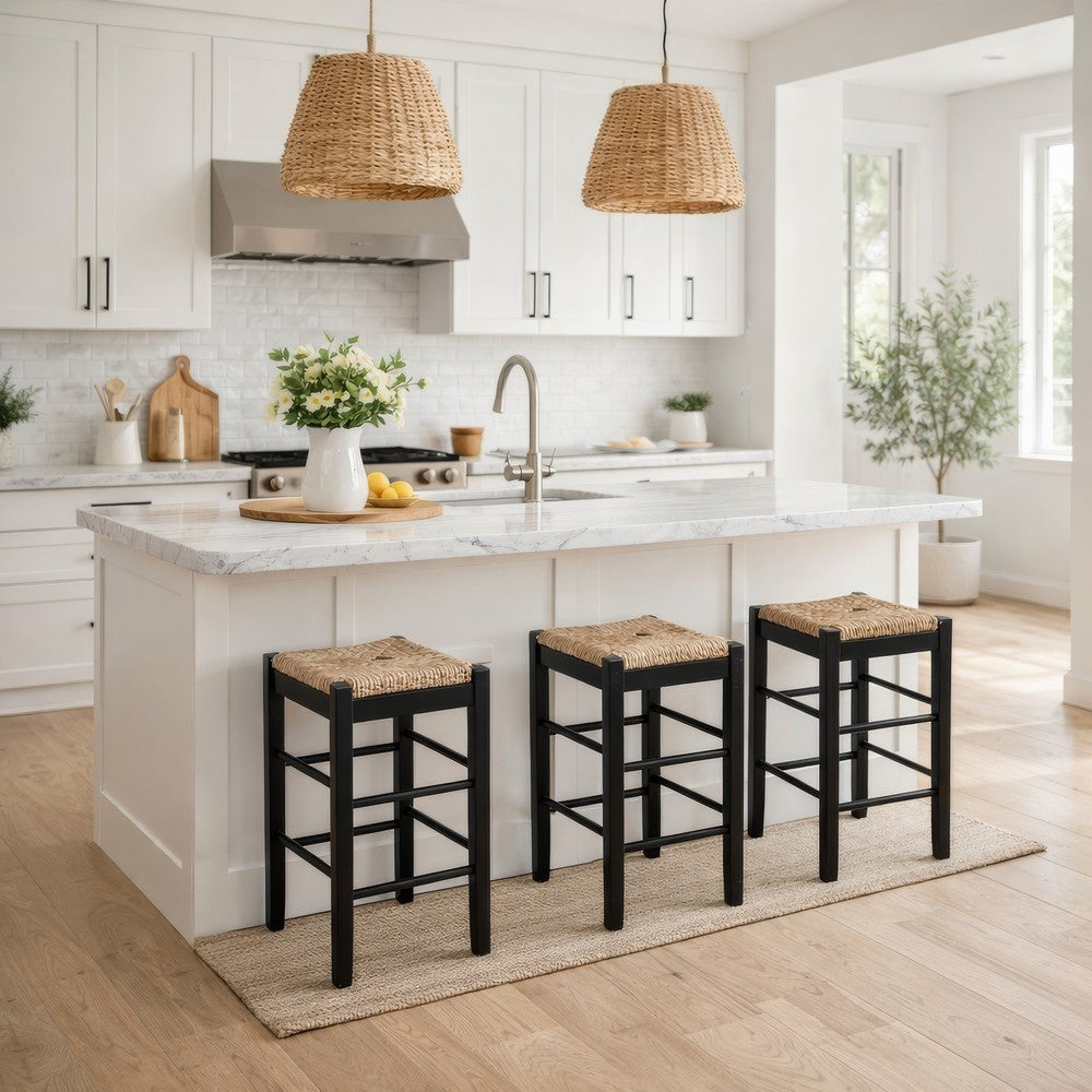 Chris 24 Inch Counter Stool with Wood Frame, Handwoven Rush Seat, Black - BM274267