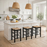 Chris 24 Inch Counter Stool with Wood Frame, Handwoven Rush Seat, Black - BM274267