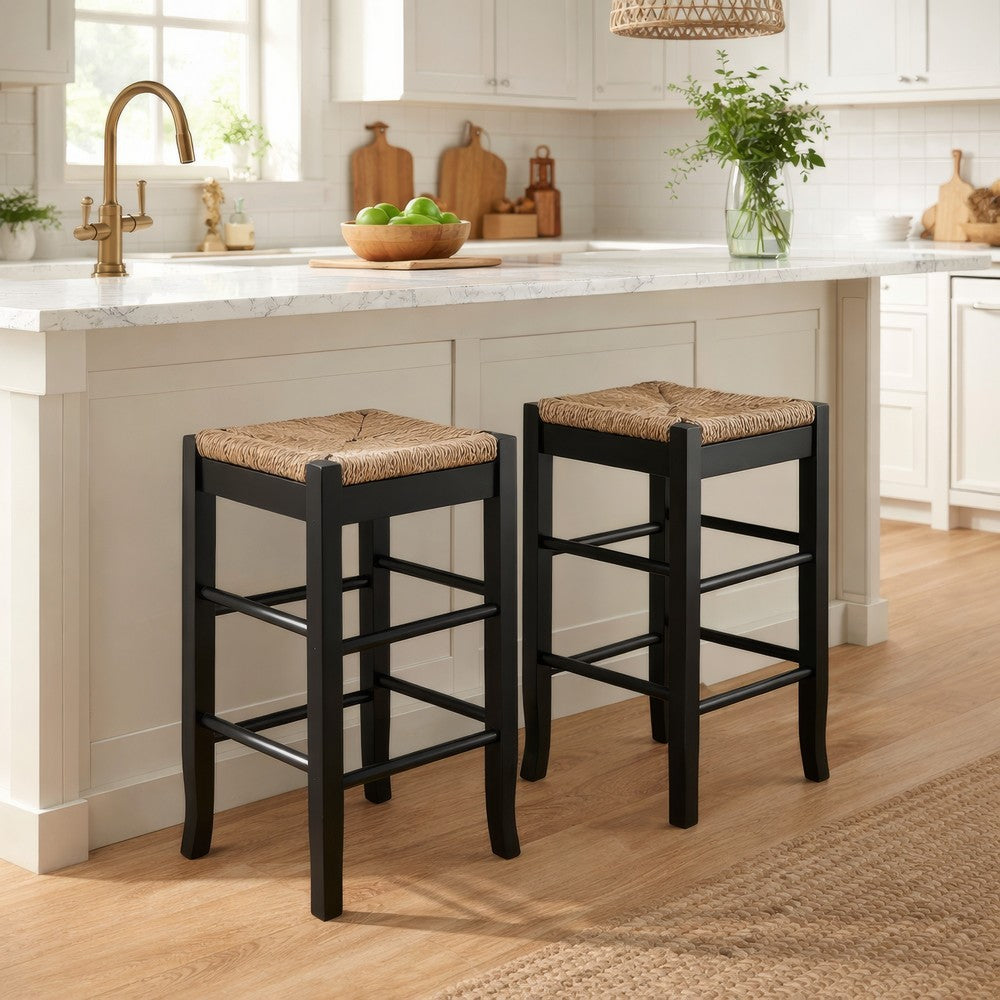 Chris 24 Inch Counter Stool with Wood Frame, Handwoven Rush Seat, Black - BM274267