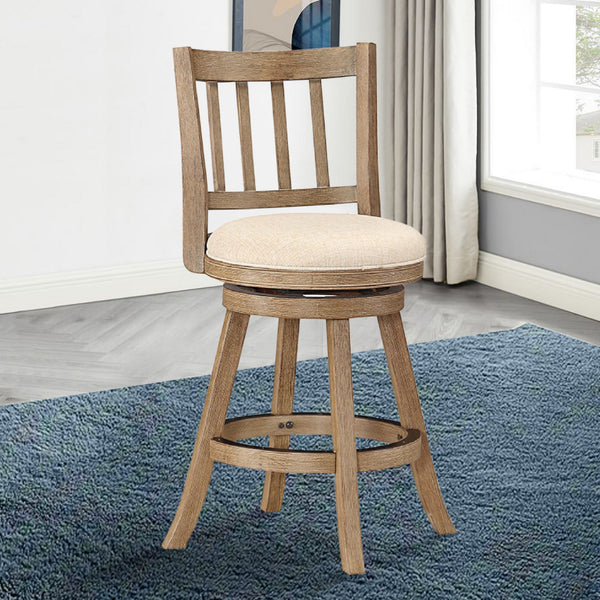 Adam 24 Inch Solid Wood Swivel Counter Stool, Slatted Back, Ivory - BM274279