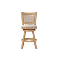 Kia 24 Inch Solid Wood Swivel Counter Stool, Curved Panel Back, Brass Nailheads, Ivory - BM274283