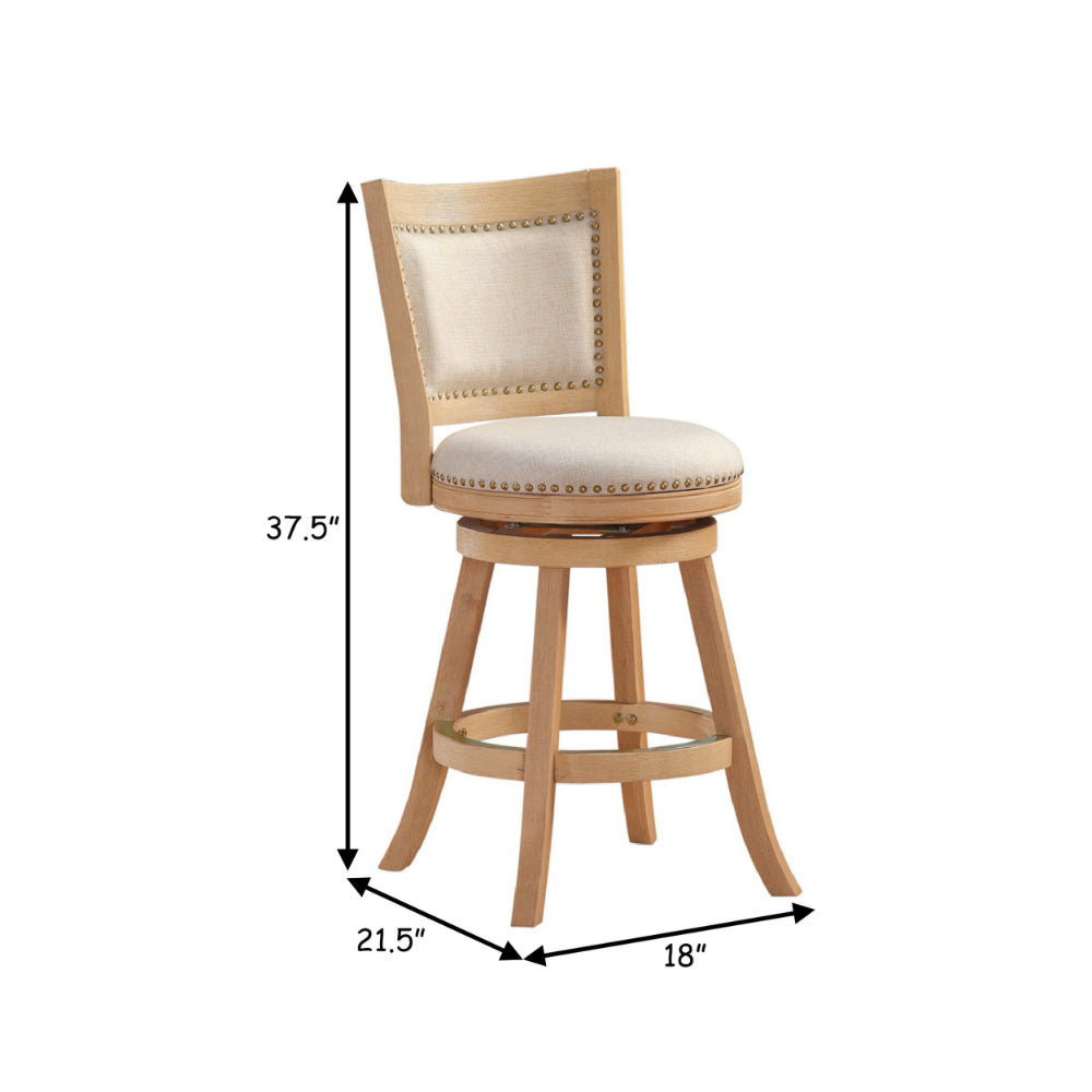 Kia 24 Inch Solid Wood Swivel Counter Stool, Curved Panel Back, Brass Nailheads, Ivory - BM274283