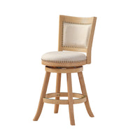 Kia 24 Inch Solid Wood Swivel Counter Stool, Curved Panel Back, Brass Nailheads, Ivory - BM274283