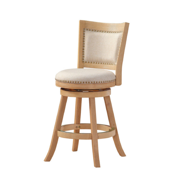 Kia 24 Inch Solid Wood Swivel Counter Stool, Curved Panel Back, Brass Nailheads, Ivory - BM274283