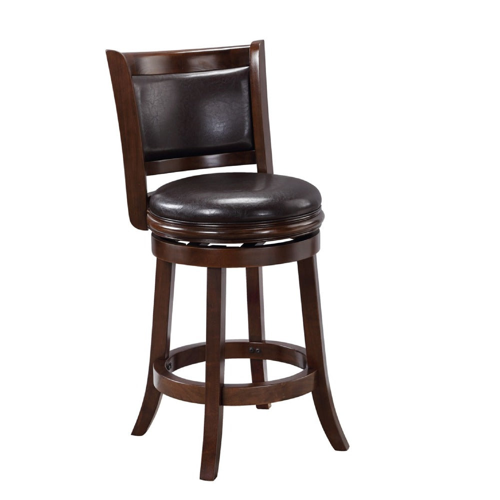 Pal 24 Inch Swivel Counter Stool, Solid Wood, Faux Leather, Espresso Brown - BM274331