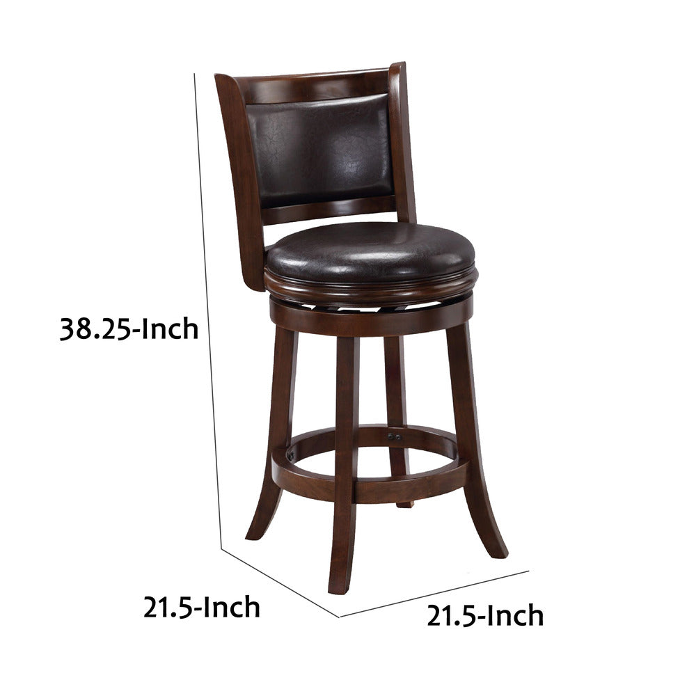 Pal 24 Inch Swivel Counter Stool, Solid Wood, Faux Leather, Espresso Brown - BM274331