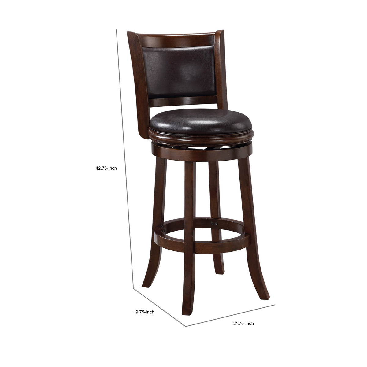 Pal 29 Inch Swivel Bar Stool, Solid Wood, Rich Faux Leather, Espresso Brown - BM274332