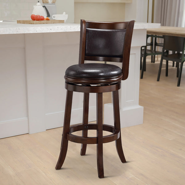 Pal 29 Inch Swivel Bar Stool, Solid Wood, Rich Faux Leather, Espresso Brown - BM274332