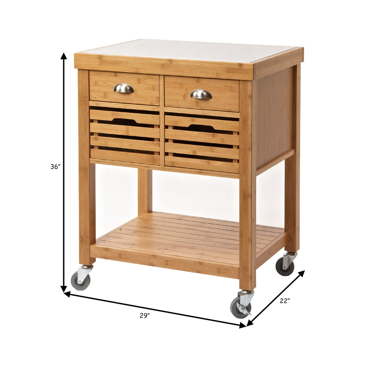 36 Inch Bamboo Kitchen Cart Island, 2 Drawers, Stainless Steel Top, Brown - BM274344