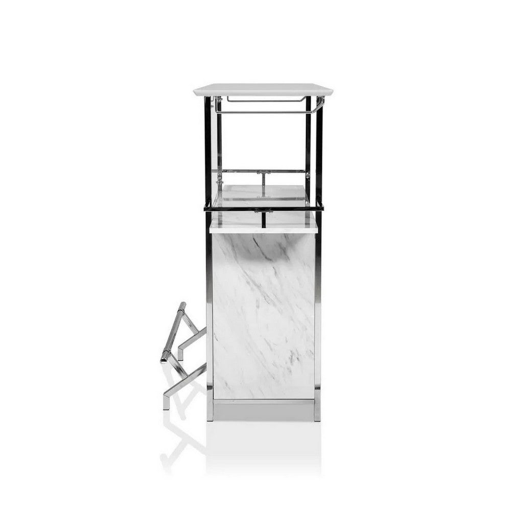 47 Inch Faux Marble Bar Table, Hanging Stemware, Steel Frame, White, Chrome - BM274506