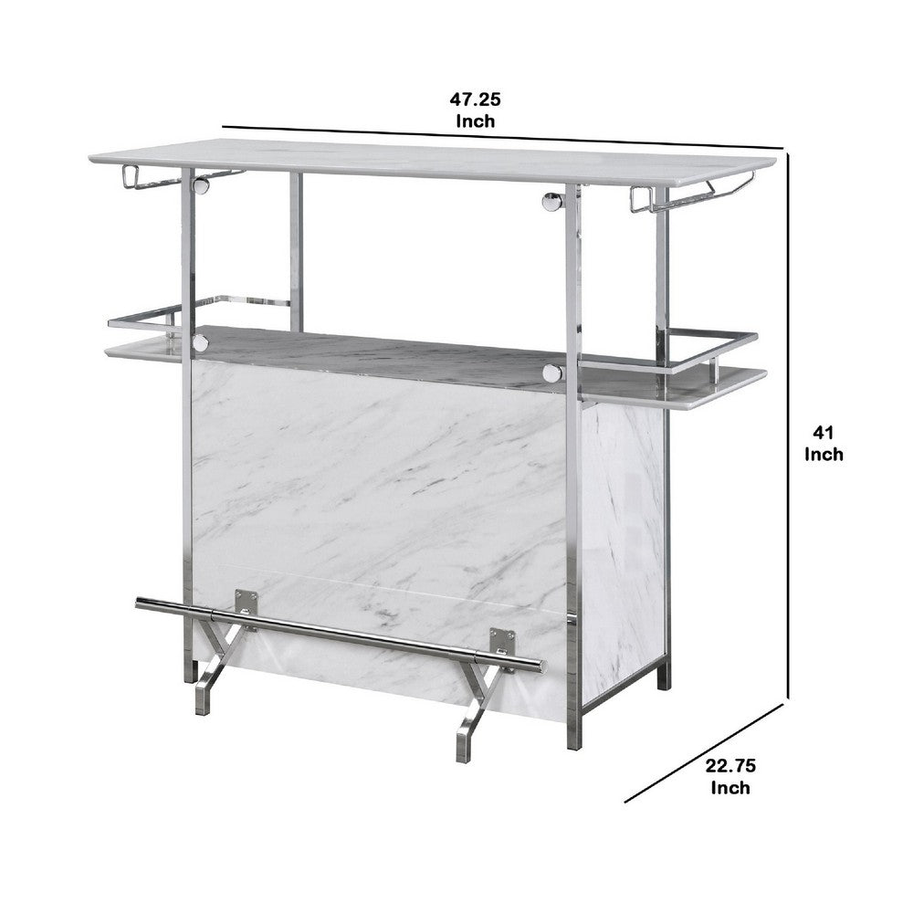 47 Inch Faux Marble Bar Table, Hanging Stemware, Steel Frame, White, Chrome - BM274506