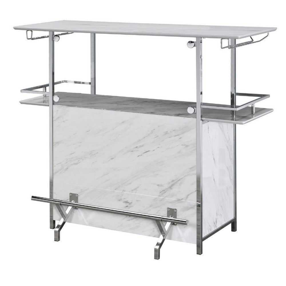 47 Inch Faux Marble Bar Table, Hanging Stemware, Steel Frame, White, Chrome - BM274506
