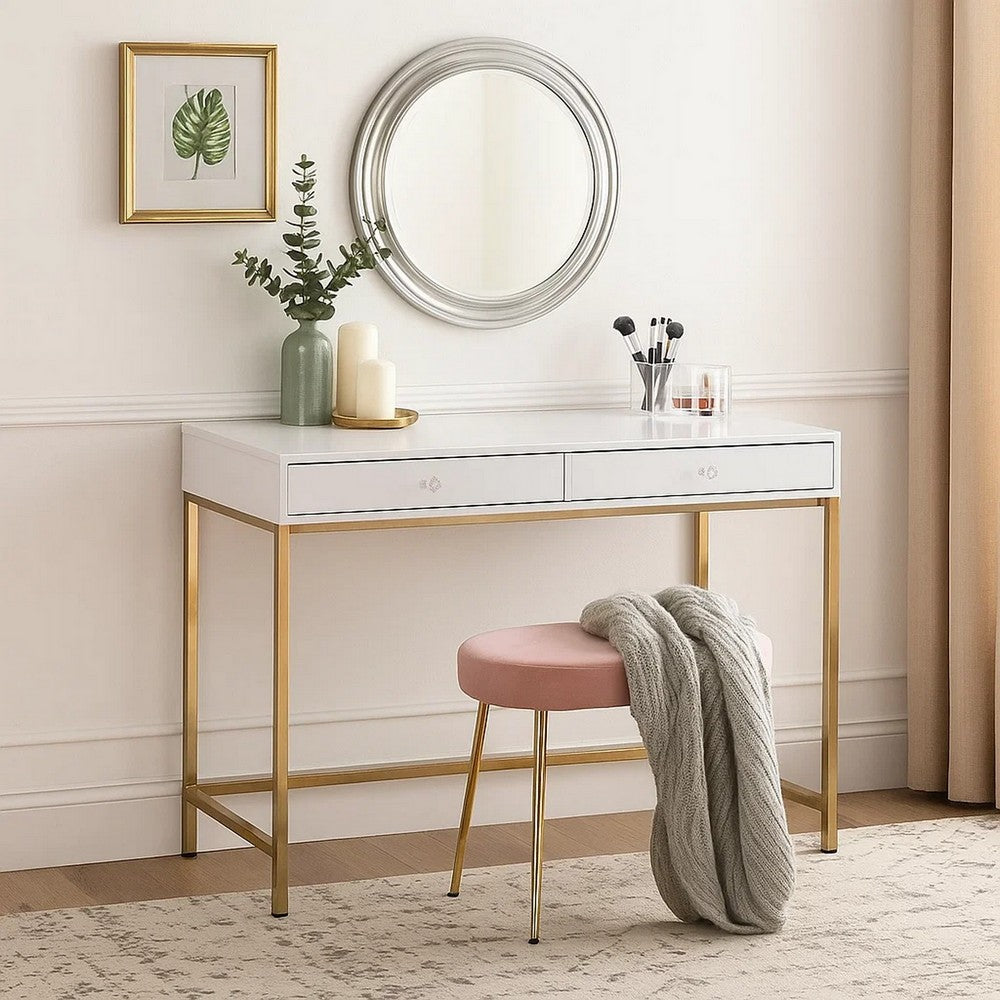 47 Inch Desk Console Table, 2 Drawers, Metal Frame, White, Gold - BM274608
