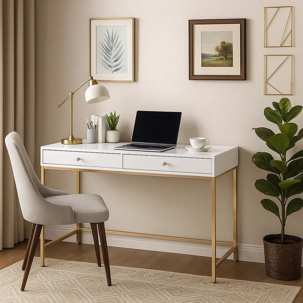 47 Inch Desk Console Table, 2 Drawers, Metal Frame, White, Gold - BM274608