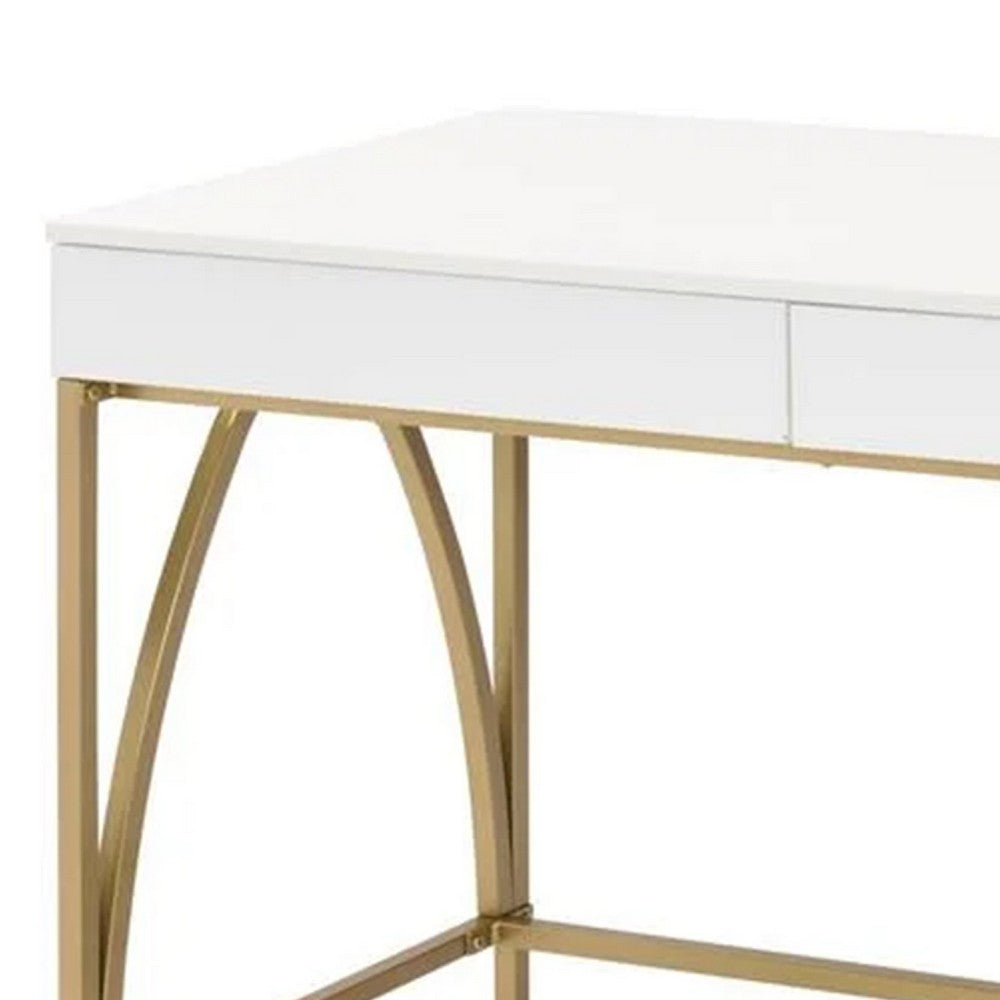 50 Inch Desk Console Table, 2 Drawers, Metal Inverted U Frame, White, Gold - BM274609