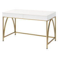 50 Inch Desk Console Table, 2 Drawers, Metal Inverted U Frame, White, Gold - BM274609