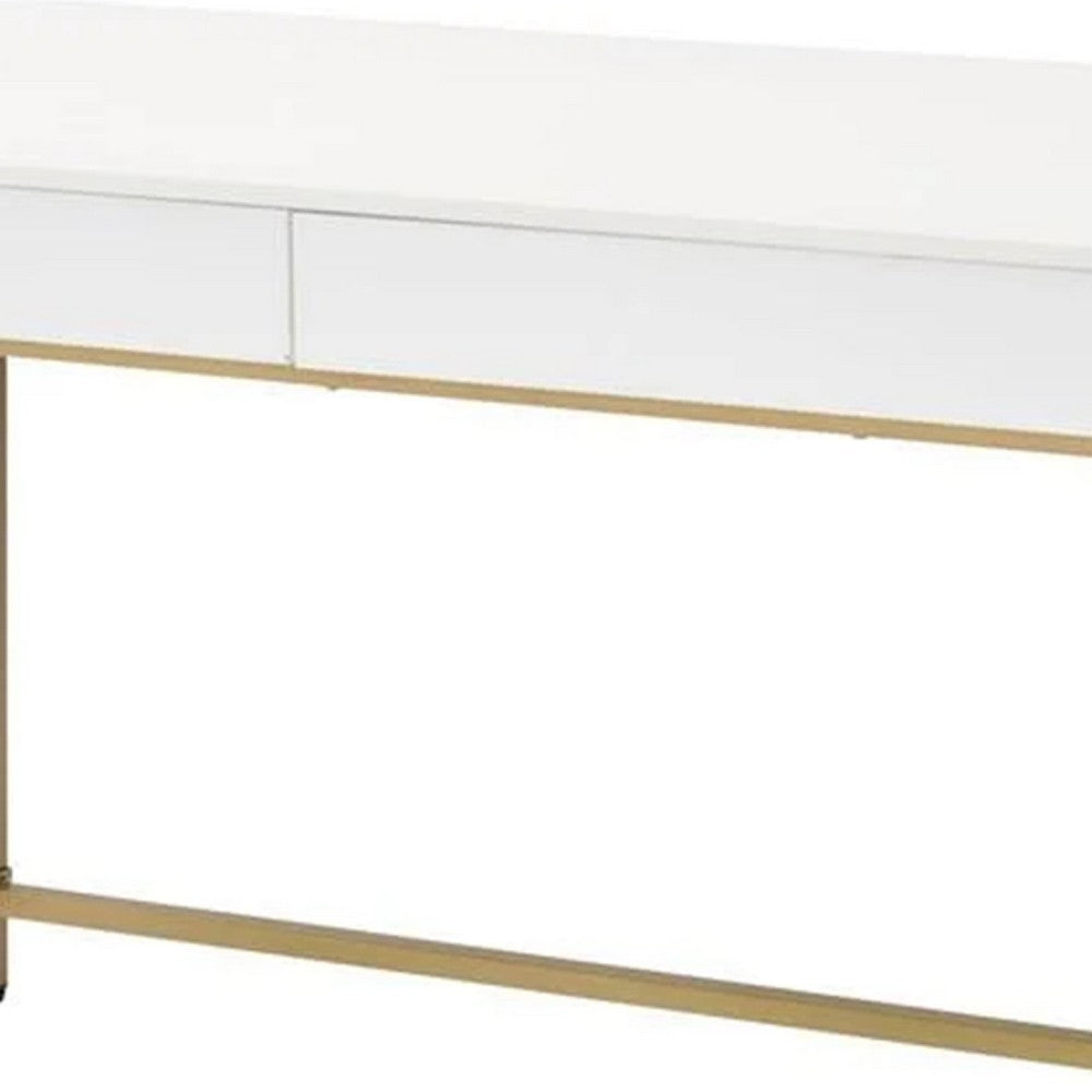 50 Inch Desk Console Table, 2 Drawers, Metal Inverted U Frame, White, Gold - BM274609
