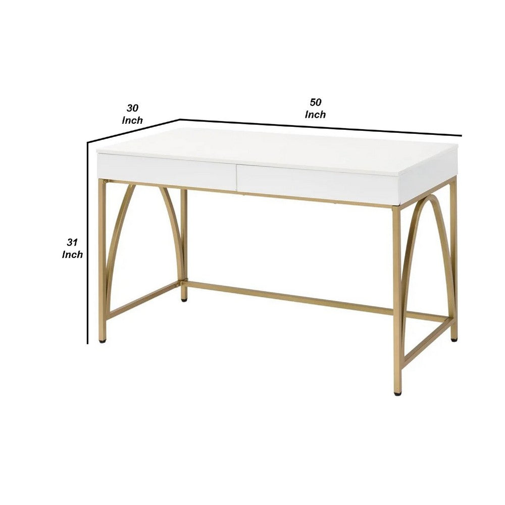 50 Inch Desk Console Table, 2 Drawers, Metal Inverted U Frame, White, Gold - BM274609