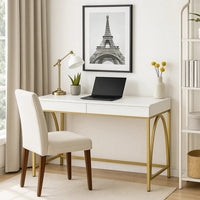 50 Inch Desk Console Table, 2 Drawers, Metal Inverted U Frame, White, Gold - BM274609