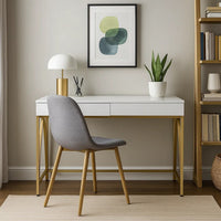 50 Inch Desk Console Table, 2 Drawers, Metal Inverted U Frame, White, Gold - BM274609