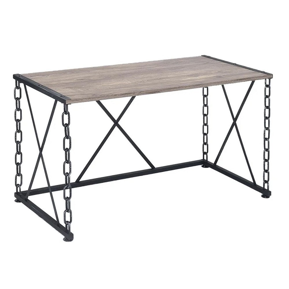 48 Inch Console Desk Table, Metal Chain Base, Oak Brown, Black - BM274614