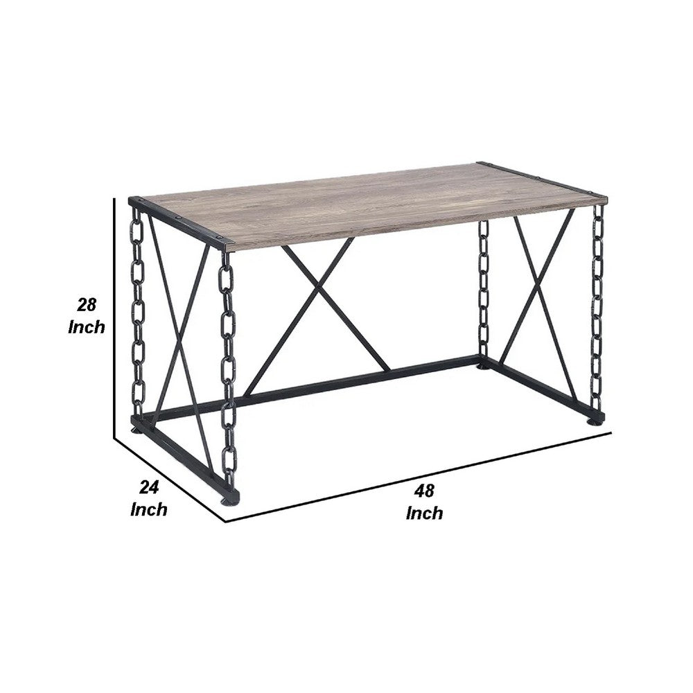 48 Inch Console Desk Table, Metal Chain Base, Oak Brown, Black - BM274614