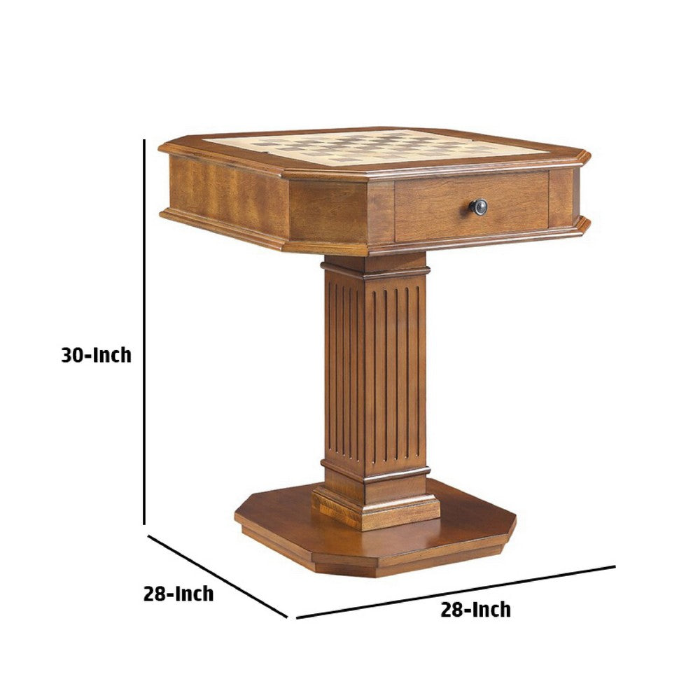 Susy 28 Inch Wood Reversible Board Game Table with Pedestal Stand, Walnut - BM274635