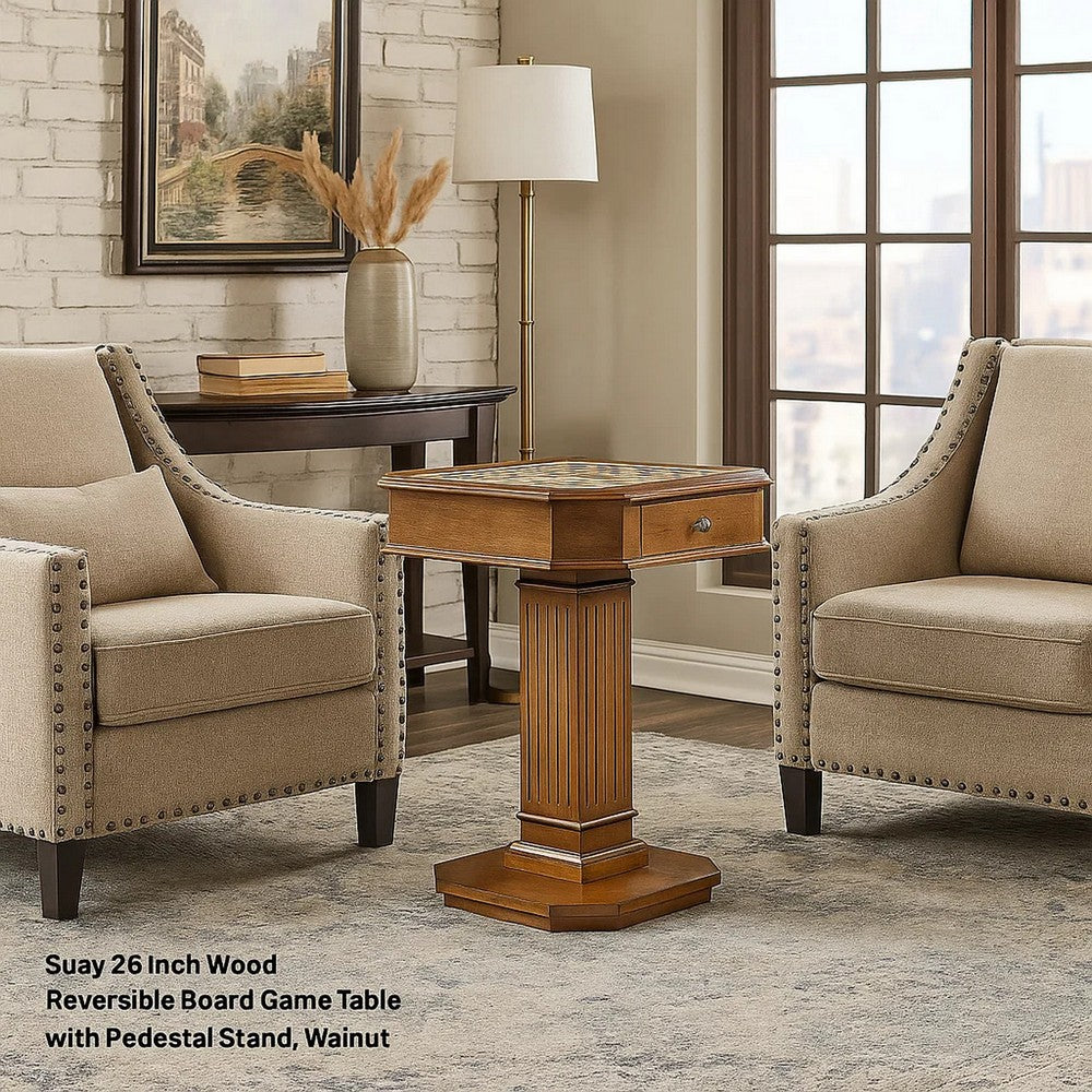 Susy 28 Inch Wood Reversible Board Game Table with Pedestal Stand, Walnut - BM274635