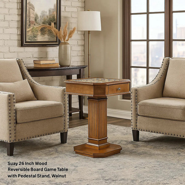 Susy 28 Inch Wood Reversible Board Game Table with Pedestal Stand, Walnut - BM274635