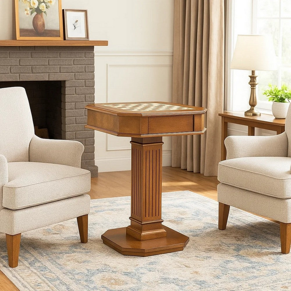 Susy 28 Inch Wood Reversible Board Game Table with Pedestal Stand, Walnut - BM274635