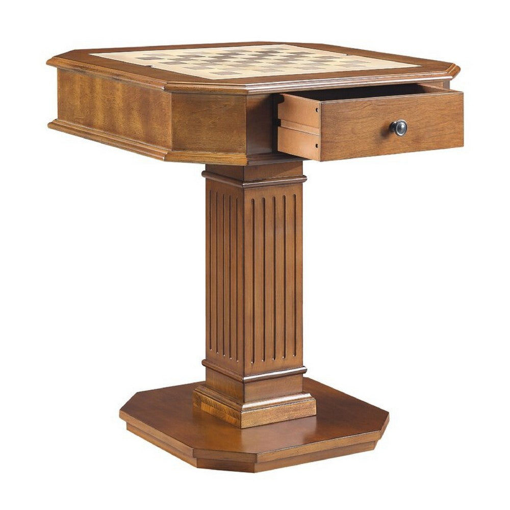 Susy 28 Inch Wood Reversible Board Game Table with Pedestal Stand, Walnut - BM274635
