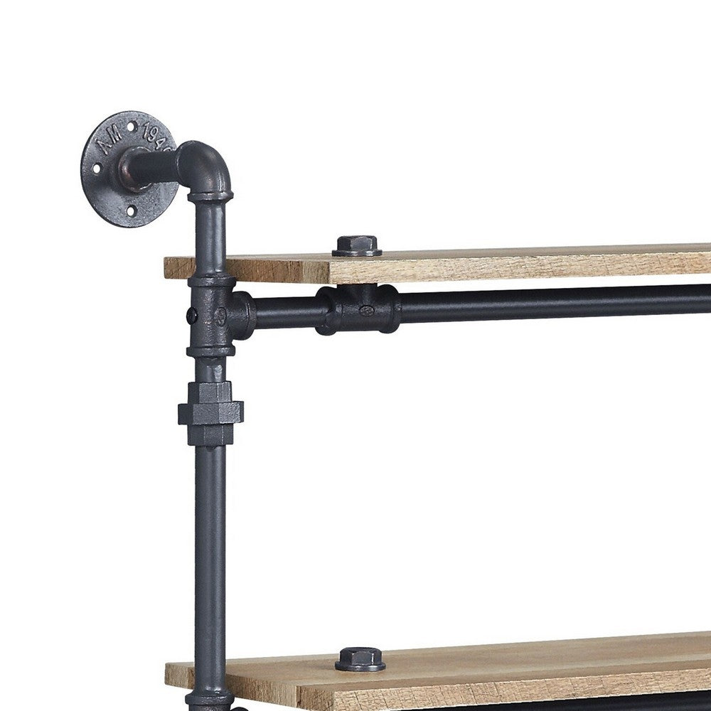 Vida 35 Inch Wall Mount Rack, 3 Tier, Industrial Pipe Frame, Brown, Black - BM274642