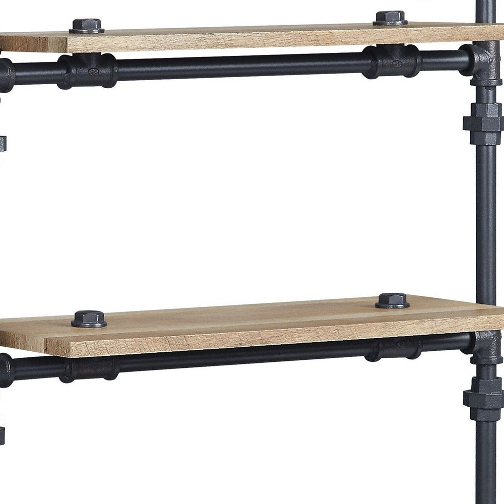 Vida 35 Inch Wall Mount Rack, 3 Tier, Industrial Pipe Frame, Brown, Black - BM274642