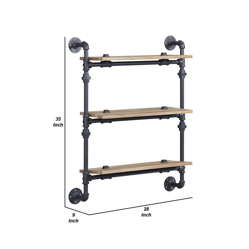 Vida 35 Inch Wall Mount Rack, 3 Tier, Industrial Pipe Frame, Brown, Black - BM274642