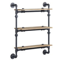 Vida 35 Inch Wall Mount Rack, 3 Tier, Industrial Pipe Frame, Brown, Black - BM274642