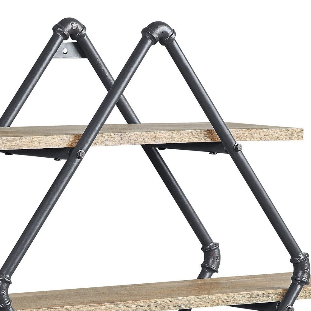 Vida 35 Inch Wall Mount Rack, 3 Tier, Diamond Pipe Frame, Brown, Black - BM274645