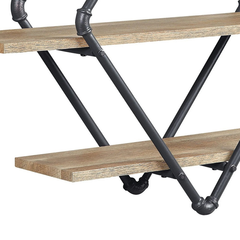 Vida 35 Inch Wall Mount Rack, 3 Tier, Diamond Pipe Frame, Brown, Black - BM274645