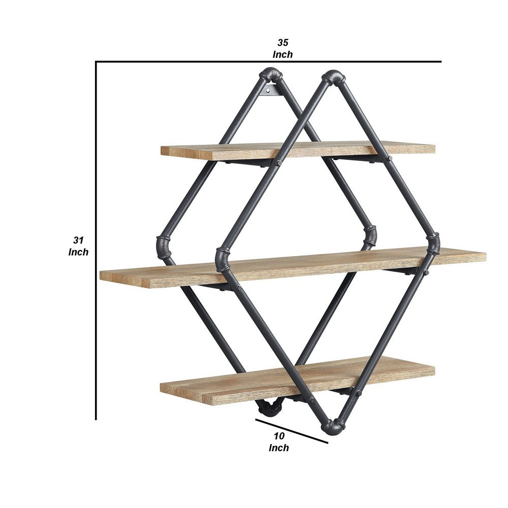 Vida 35 Inch Wall Mount Rack, 3 Tier, Diamond Pipe Frame, Brown, Black - BM274645