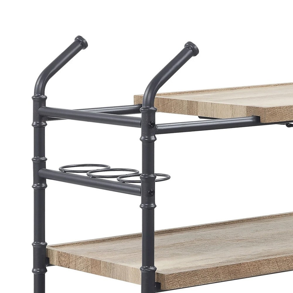 Vida 38 Inch Serving Bar Cart, Pipe Frame, Locking Casters, Brown, Black - BM274646