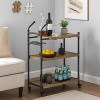 Vida 38 Inch Serving Bar Cart, Pipe Frame, Locking Casters, Brown, Black - BM274646