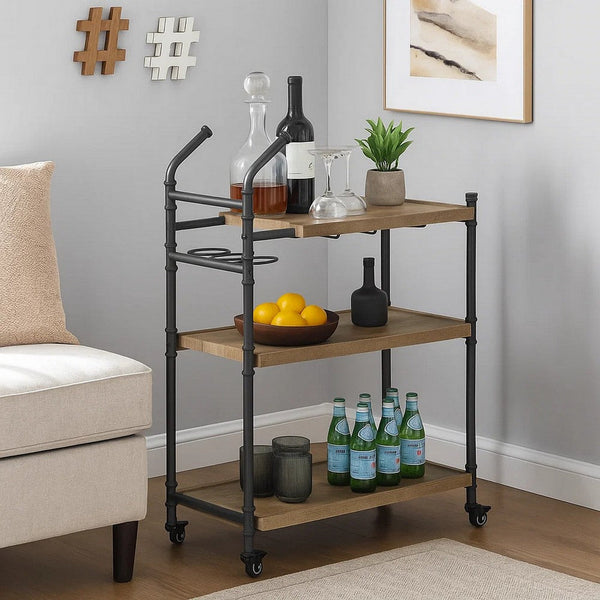 Vida 38 Inch Serving Bar Cart, Pipe Frame, Locking Casters, Brown, Black - BM274646