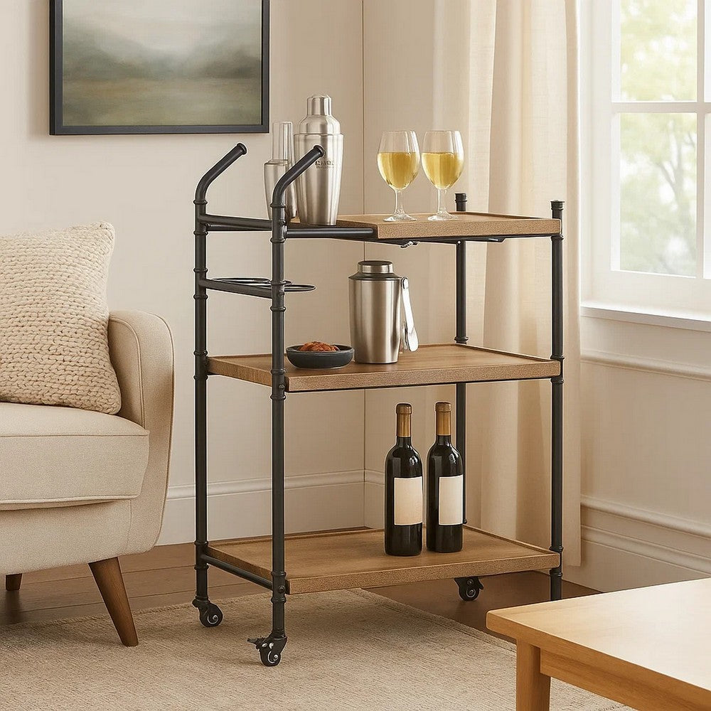 Vida 38 Inch Serving Bar Cart, Pipe Frame, Locking Casters, Brown, Black - BM274646