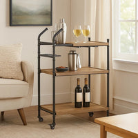 Vida 38 Inch Serving Bar Cart, Pipe Frame, Locking Casters, Brown, Black - BM274646