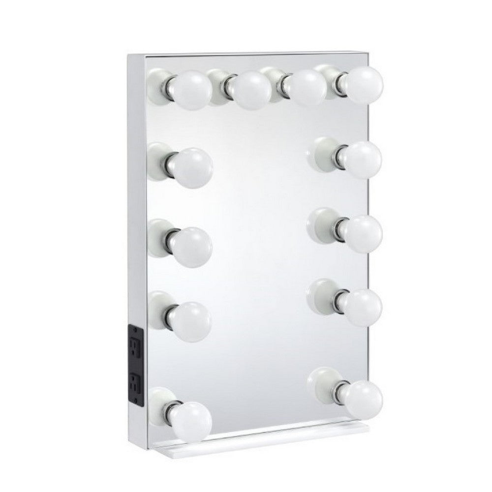 24 Inch Modern Lighted Mirror, 2 Power Outlets, 12 Bulb Sockets, White - BM274649
