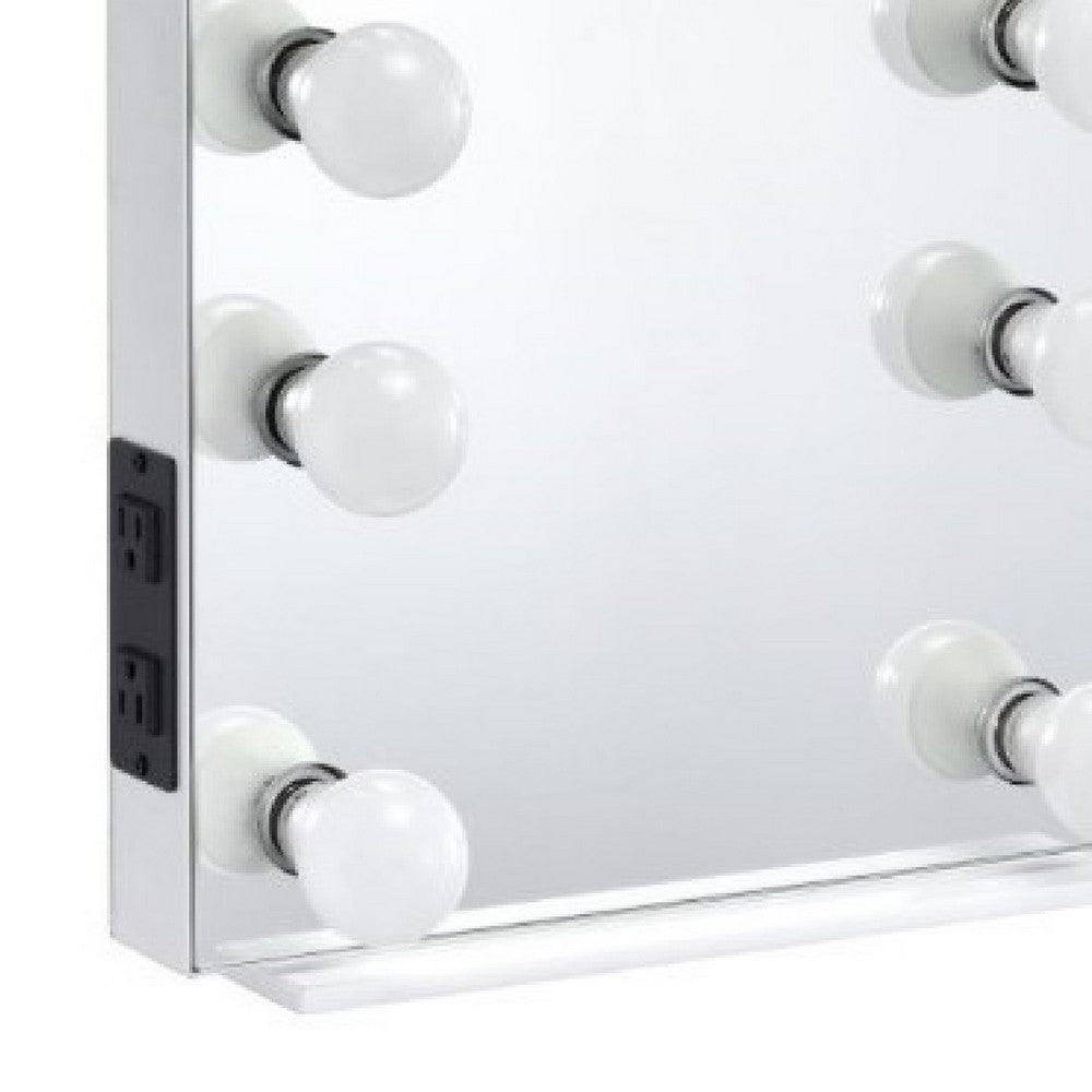 24 Inch Modern Lighted Mirror, 2 Power Outlets, 12 Bulb Sockets, White - BM274649