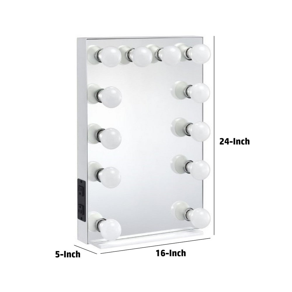 24 Inch Modern Lighted Mirror, 2 Power Outlets, 12 Bulb Sockets, White - BM274649