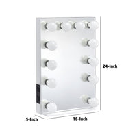 24 Inch Modern Lighted Mirror, 2 Power Outlets, 12 Bulb Sockets, White - BM274649