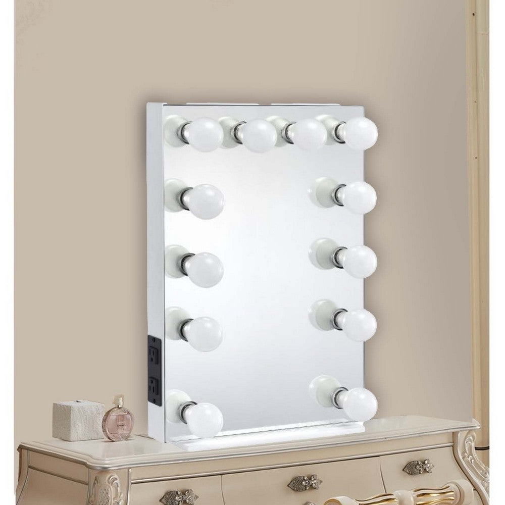 24 Inch Modern Lighted Mirror, 2 Power Outlets, 12 Bulb Sockets, White - BM274649