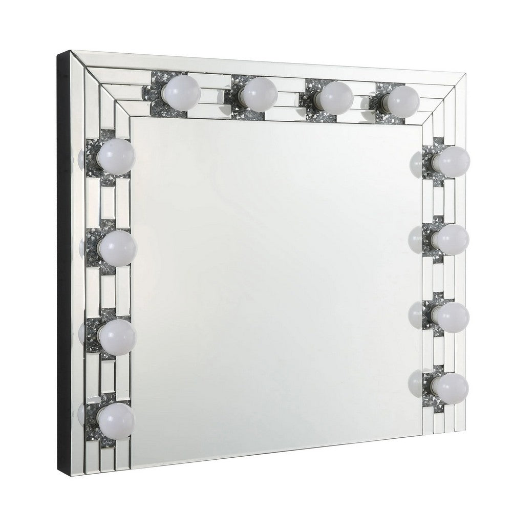 Zaff 32 Inch Modern Glam Lighted Mirror, 12 Sockets, Faux Diamonds, Silver - BM274650