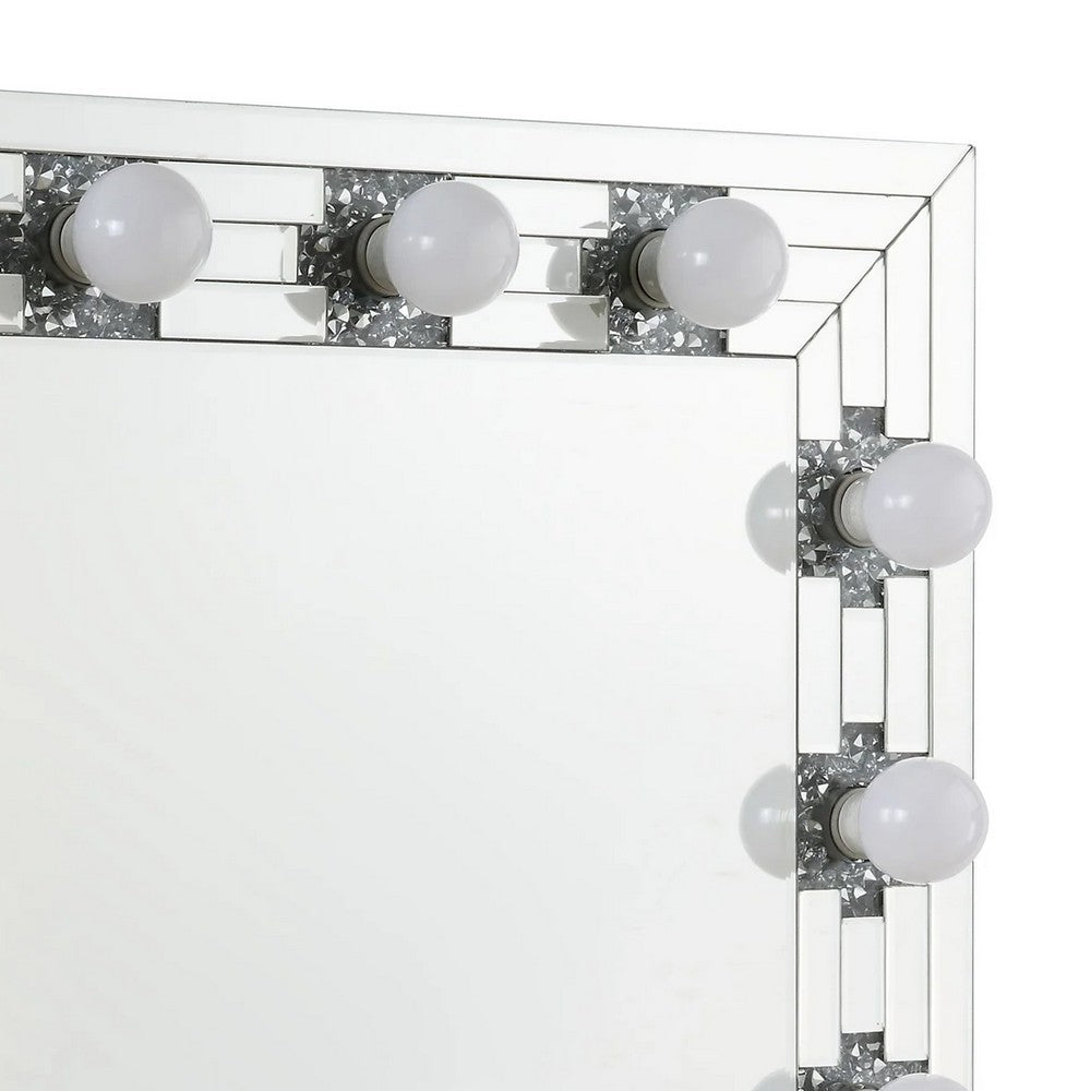 Zaff 32 Inch Modern Glam Lighted Mirror, 12 Sockets, Faux Diamonds, Silver - BM274650